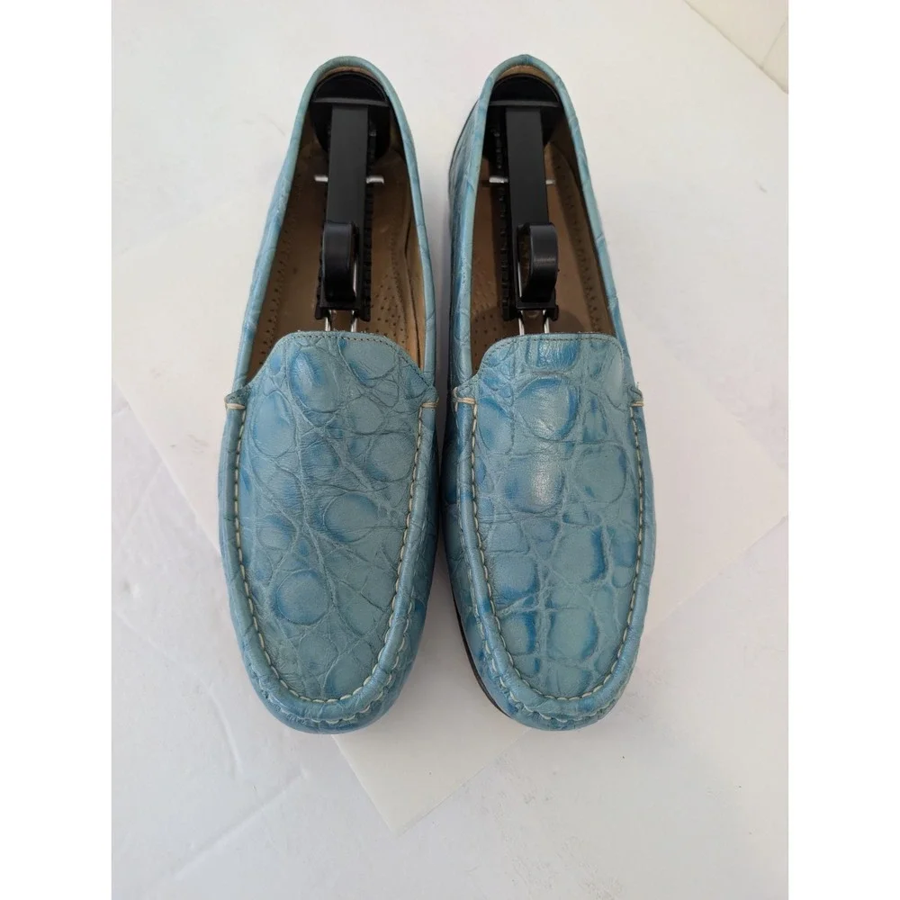 Positano Italy Light Blue Crocodile Embossed Leather Driving Loafers EU 40